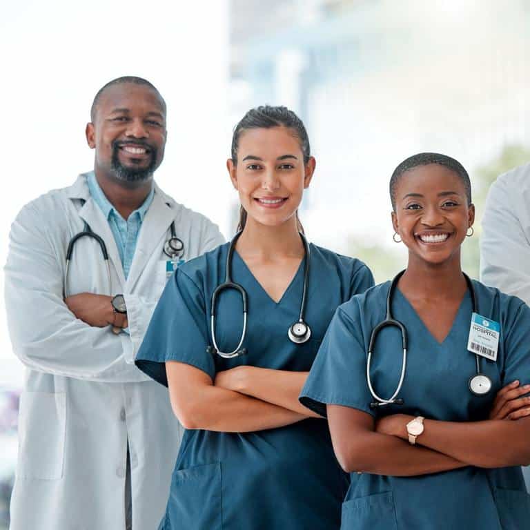 nurses and doctor standing with crossed arms